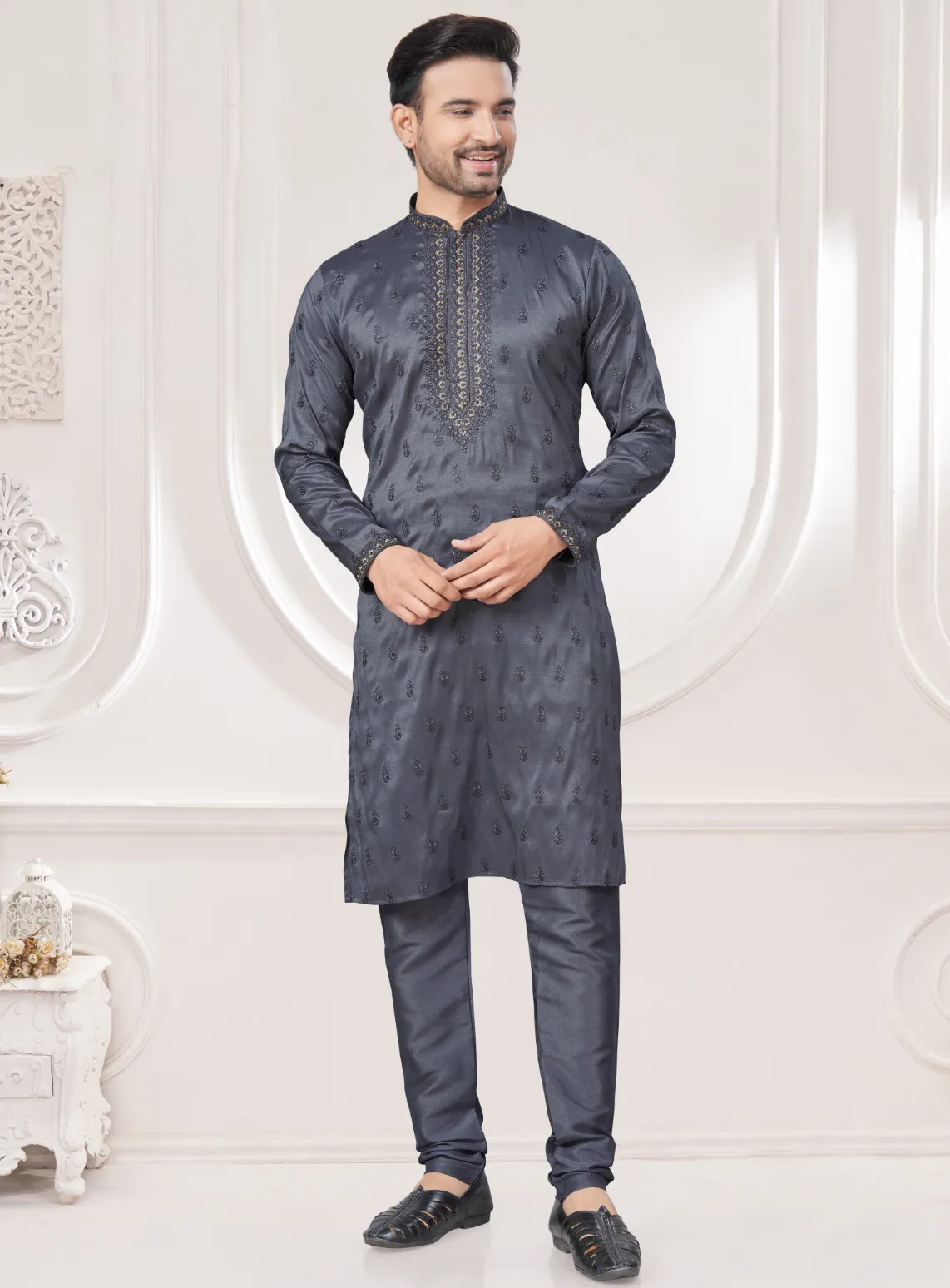 Grey Pure Silk Traditional Ethnic Wear Men's Kurta Pajama Set