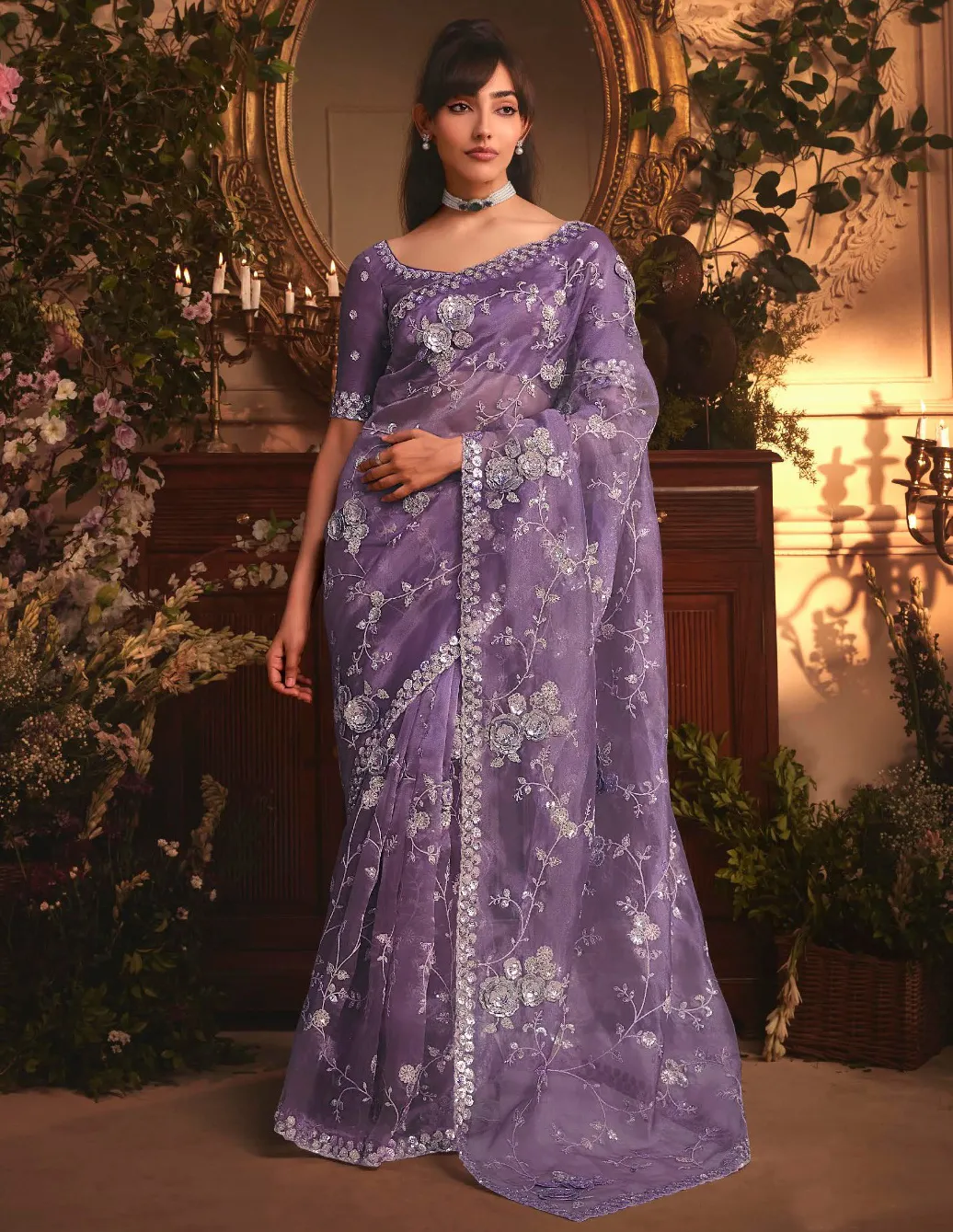 Lavender Tissue Organza Heavy Embroidery Designer Saree With Silk Blouse