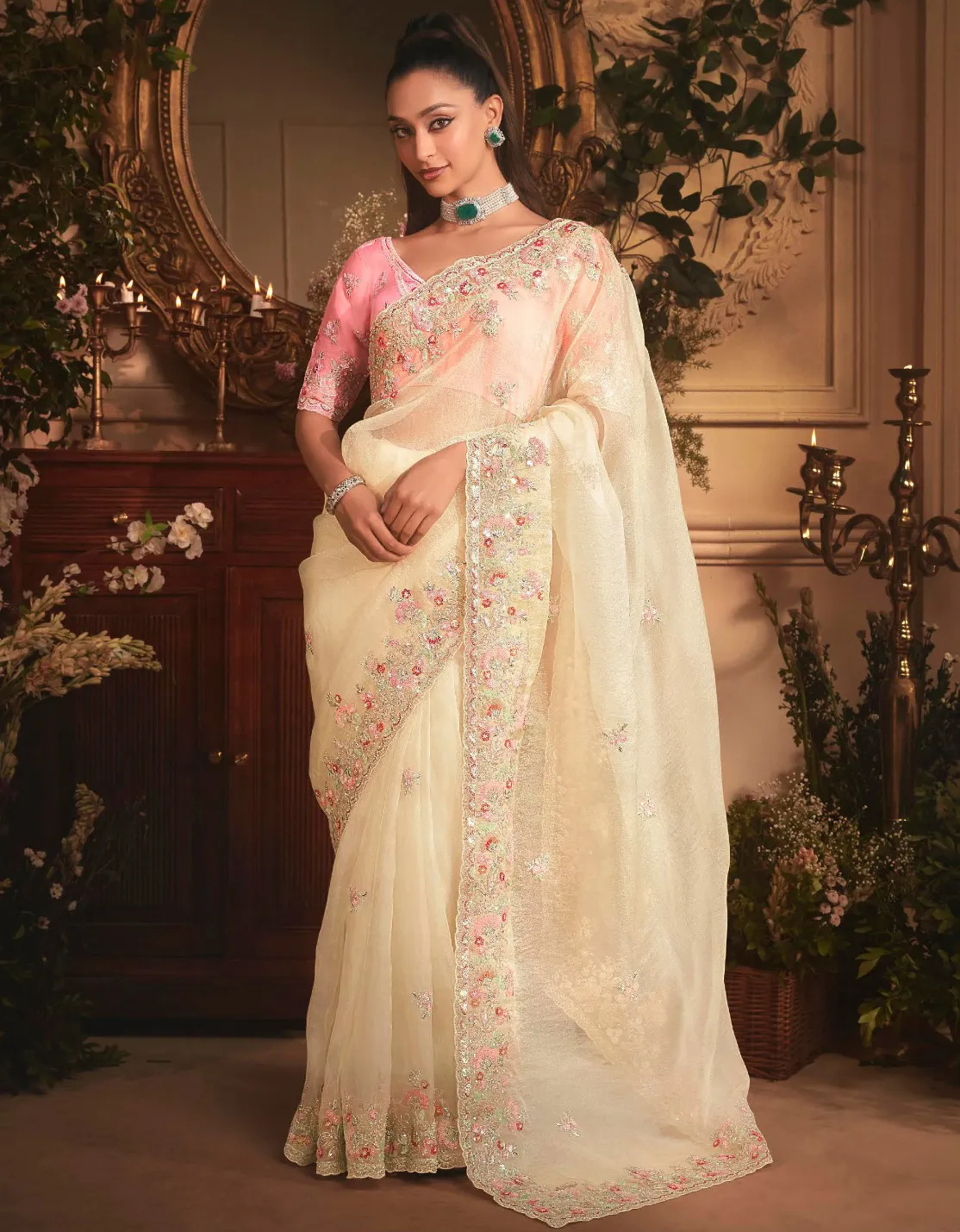 Cream Tissue Organza Heavy Embroidery Designer Saree With Silk Blouse