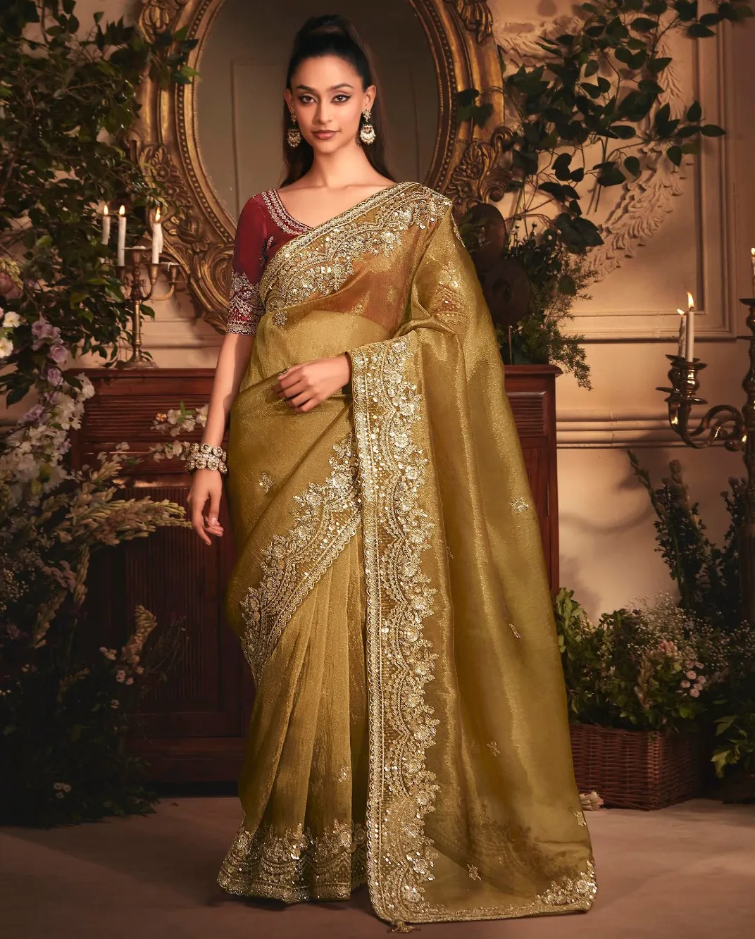 Gold Tissue Organza Heavy Embroidery Designer Saree With Silk Blouse