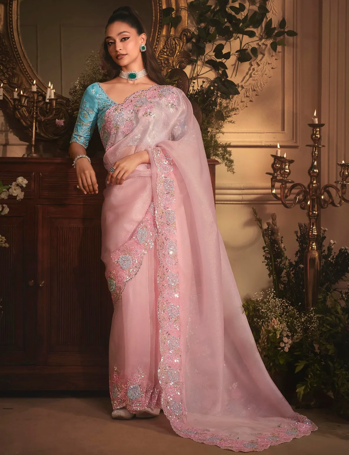 Baby Pink Tissue Organza Heavy Embroidery Designer Saree With Silk Blouse