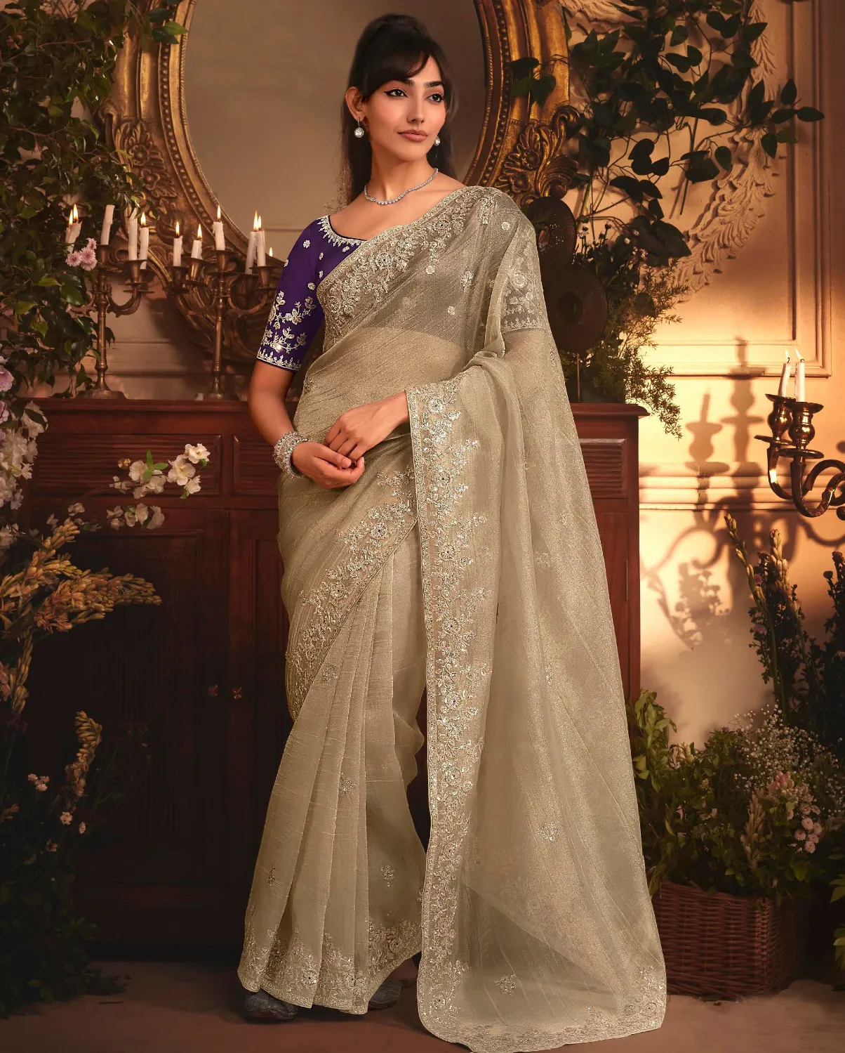 Beige Tissue Organza Heavy Embroidery Designer Saree With Silk Blouse