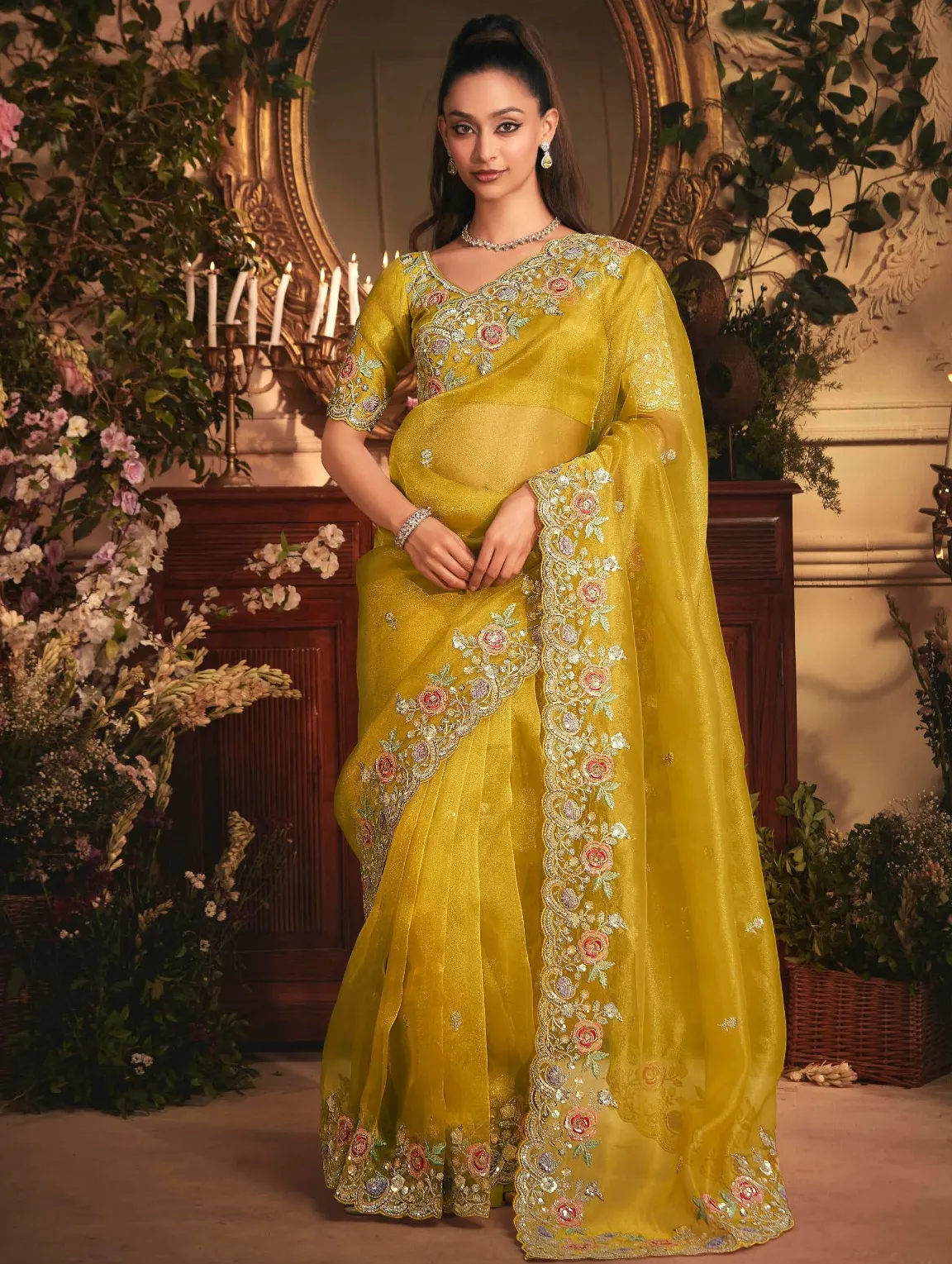 Yellow Tissue Organza Heavy Embroidery Designer Saree With Silk Blouse