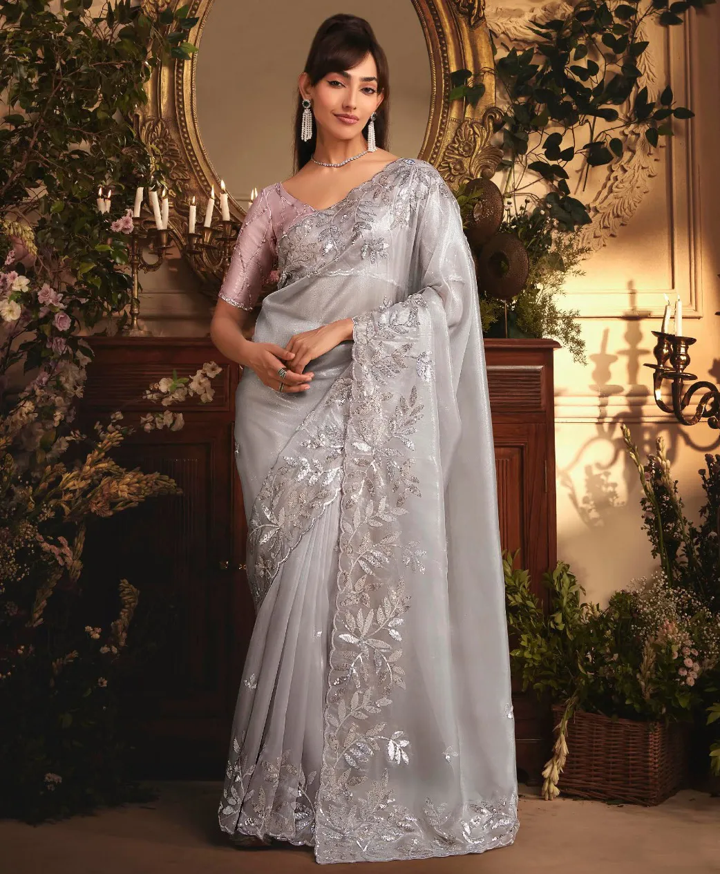 Grey Tissue Organza Heavy Embroidery Designer Saree With Silk Blouse