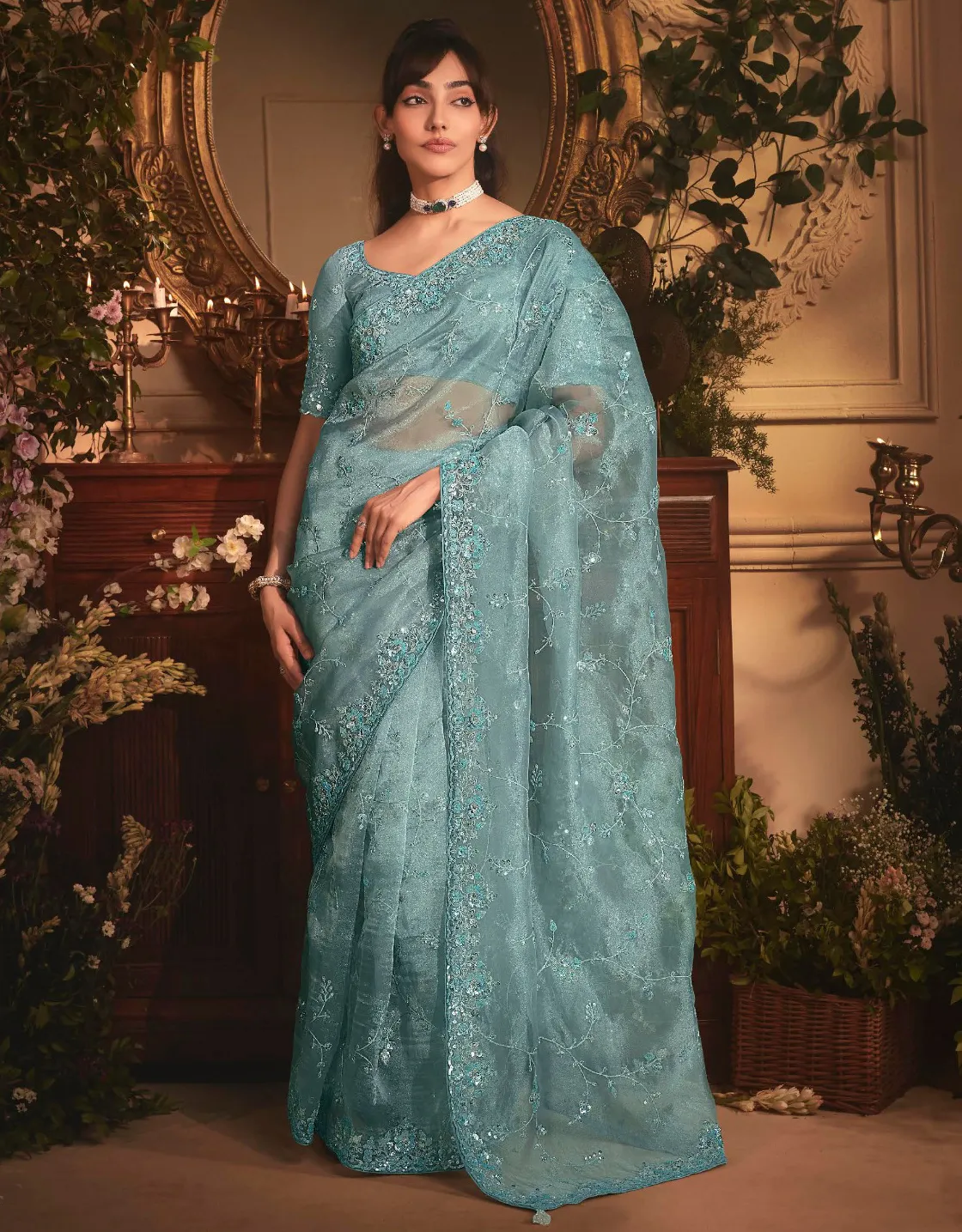 Light Blue Tissue Organza Heavy Embroidery Designer Saree With Silk Blouse