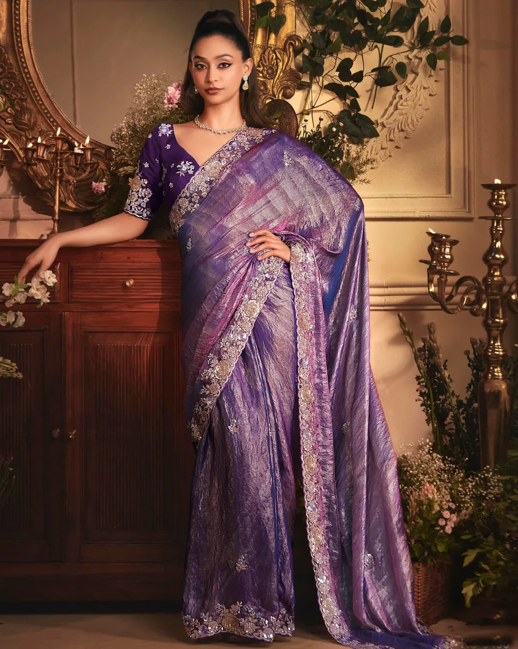 Purple Tissue Organza Heavy Embroidery Designer Saree With Silk Blouse