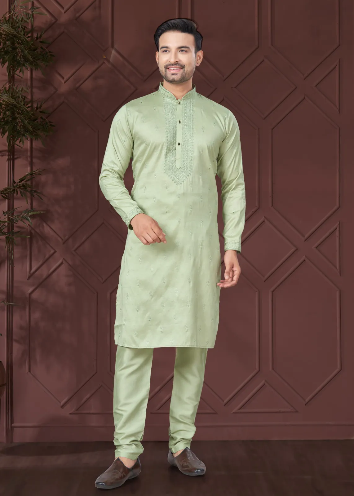 Light Green Pure Silk Traditional Ethnic Wear Men's Kurta Pajama Set