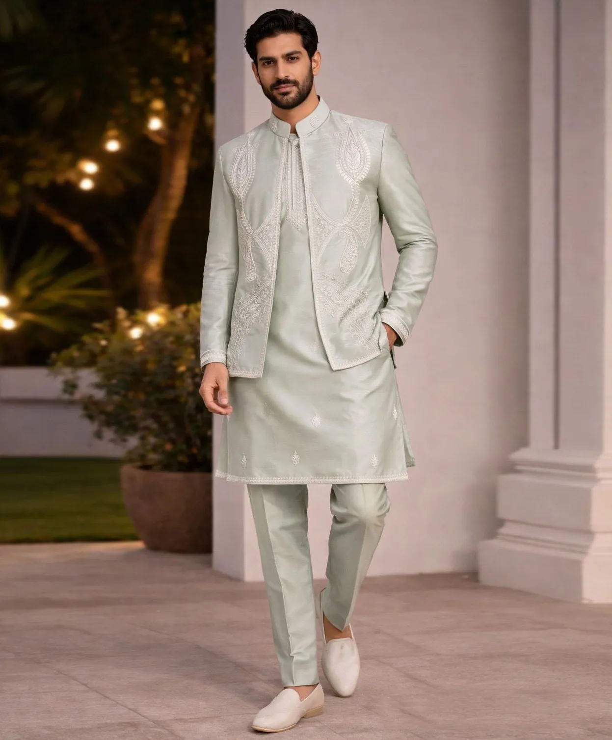 Mint Green Heavy Jacquard Jacket With Satin Silk Men Kurta Pajama Set