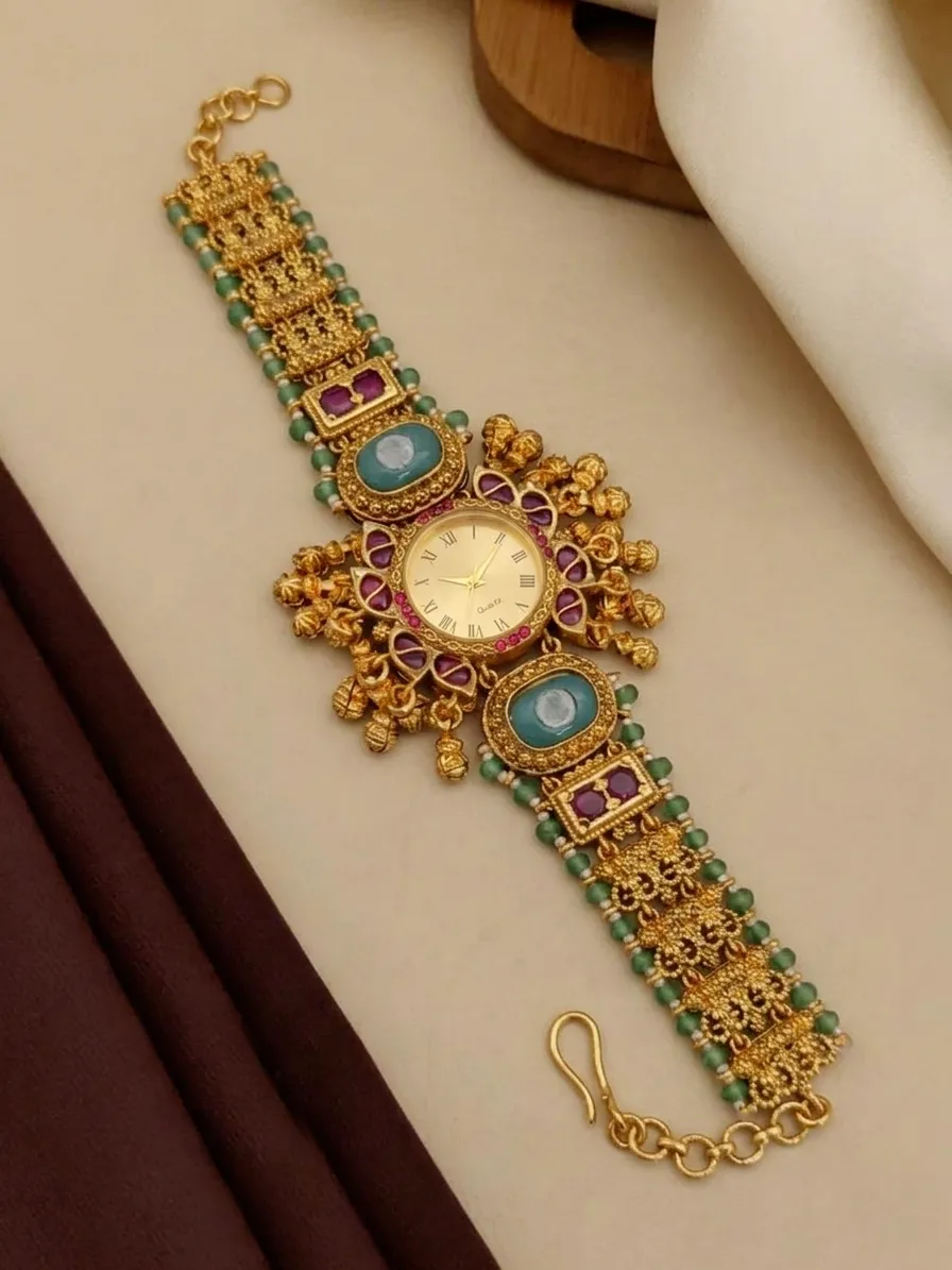 Traditional Heritage Temple Design Gold Plated Ethnic Watch Bracelet