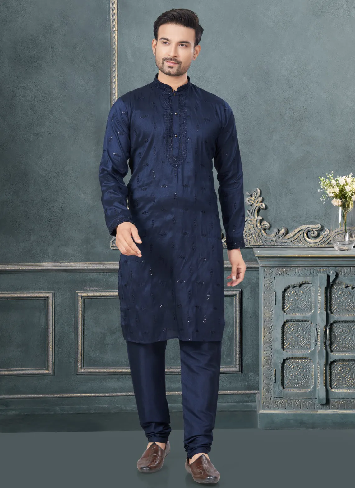 Navy Blue Pure Silk Traditional Ethnic Wear Men's Kurta Pajama Set