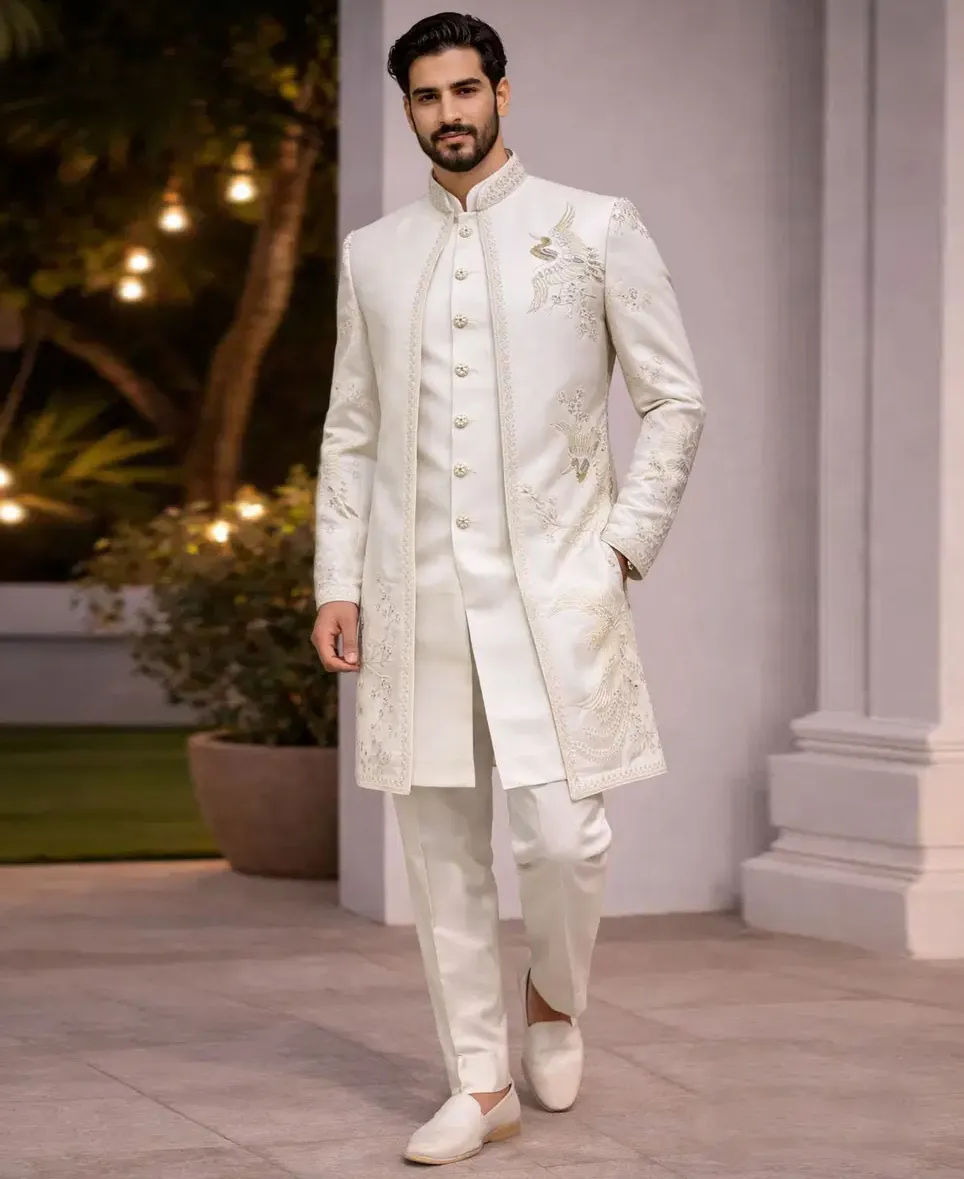 Off White Designer Embroidered Men’s Indo Western Sherwani Set