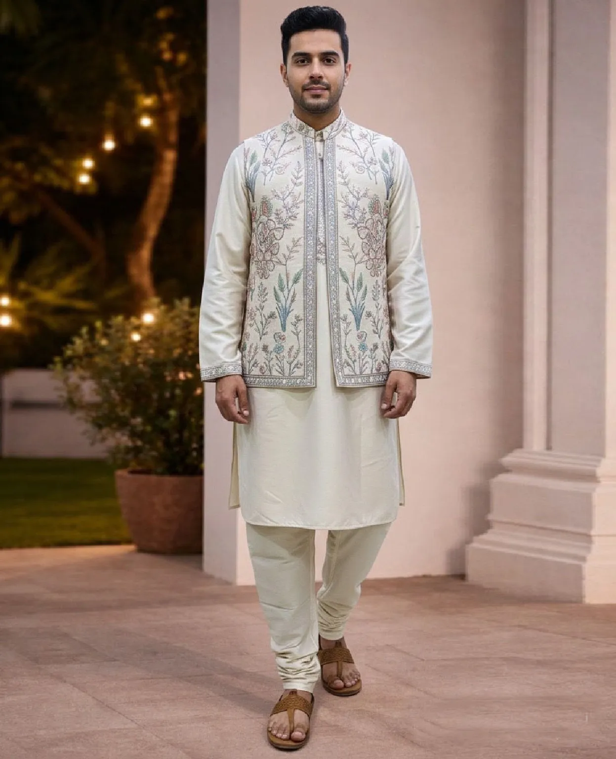 Off White Heavy Jacquard Jacket With Satin Silk Men Kurta Pajama Set