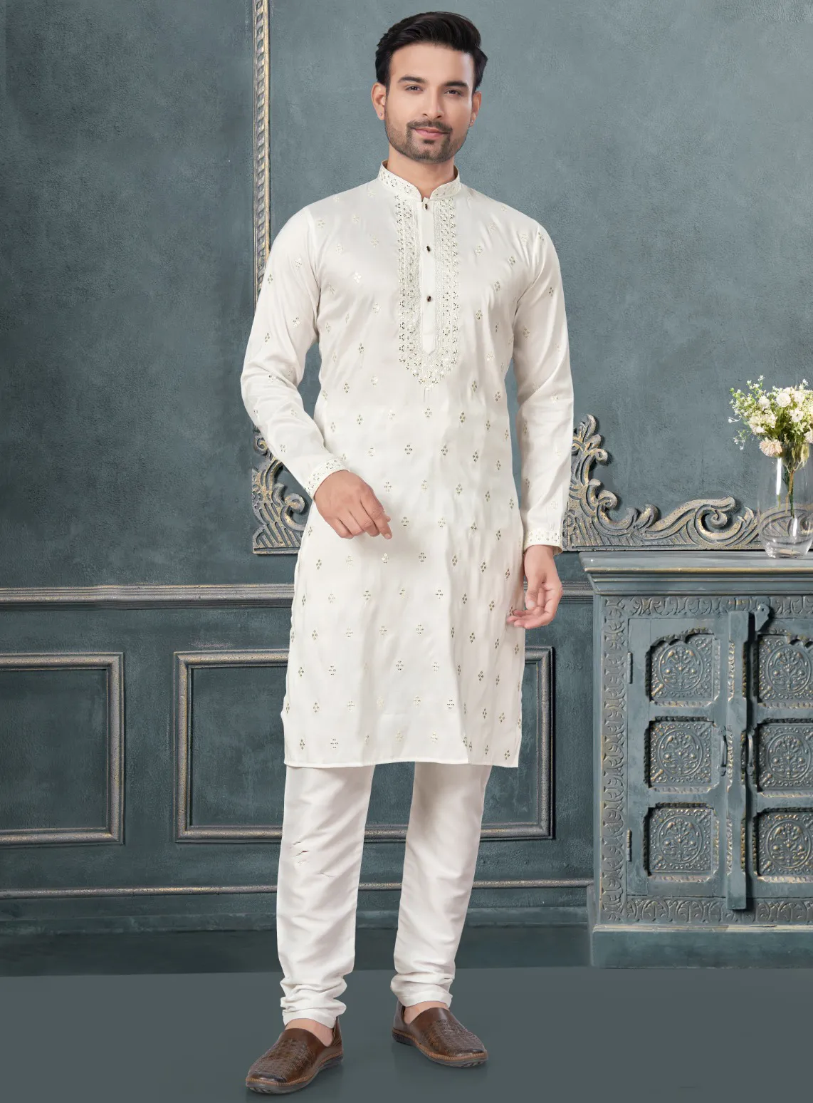 White Pure Silk Traditional Ethnic Wear Men's Kurta Pajama Set