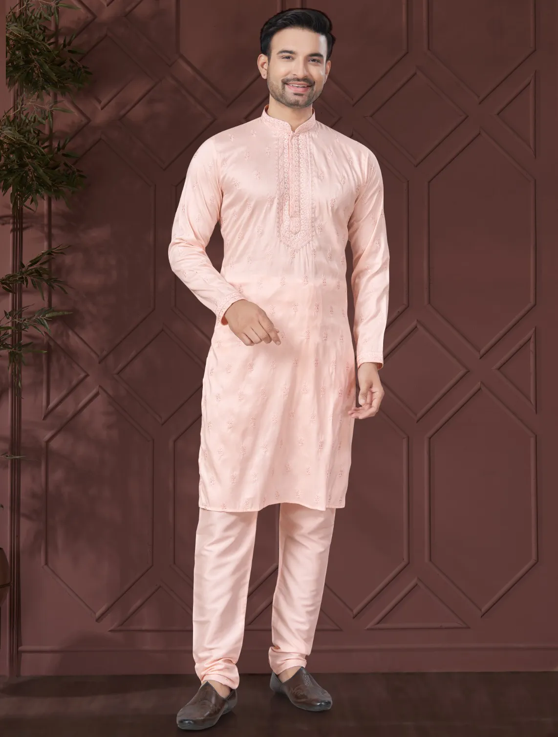 Peach Pure Silk Traditional Ethnic Wear Men's Kurta Pajama Set