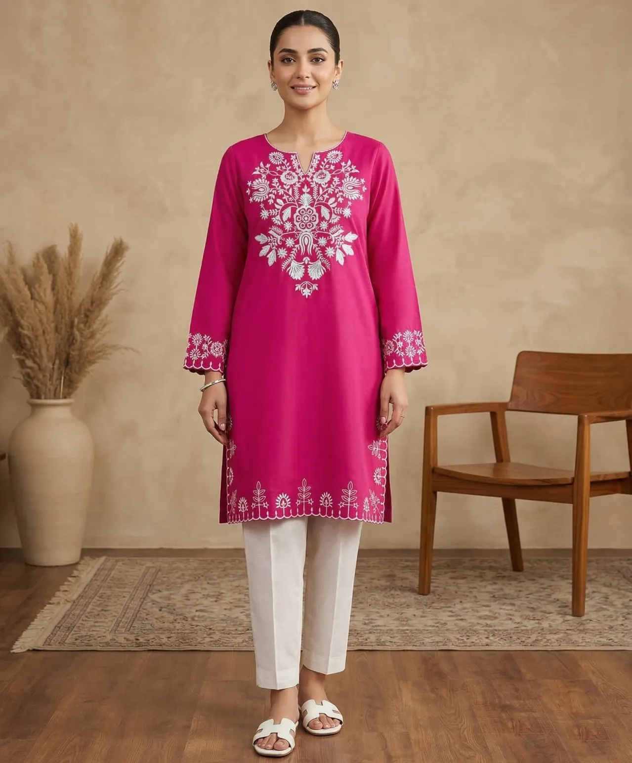 Pink Rayon Thread Embroidered Festive Co-Ord Set