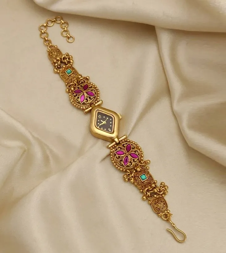 Pink and Green Stones Antique Gold Temple-Style Bracelet Watch