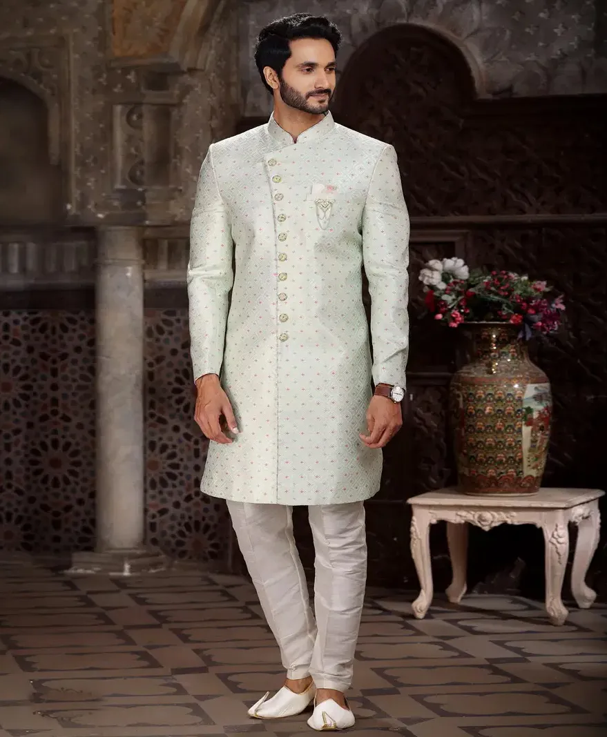 Pista Green Banarasi Jacquard Designer Men’s Indo Western Sherwani Set
