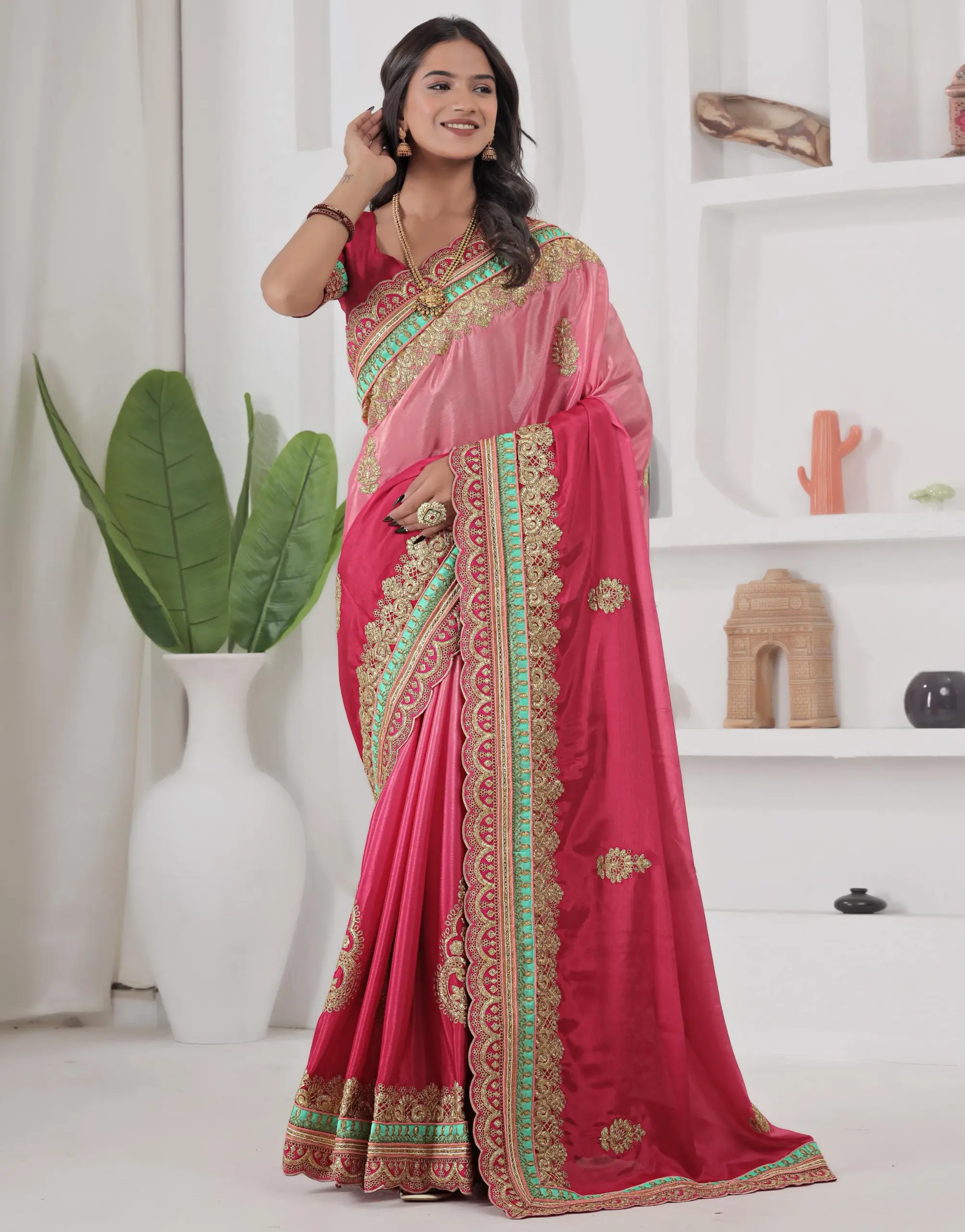 Red Chinon Silk Embroidered Codding Designer Saree
