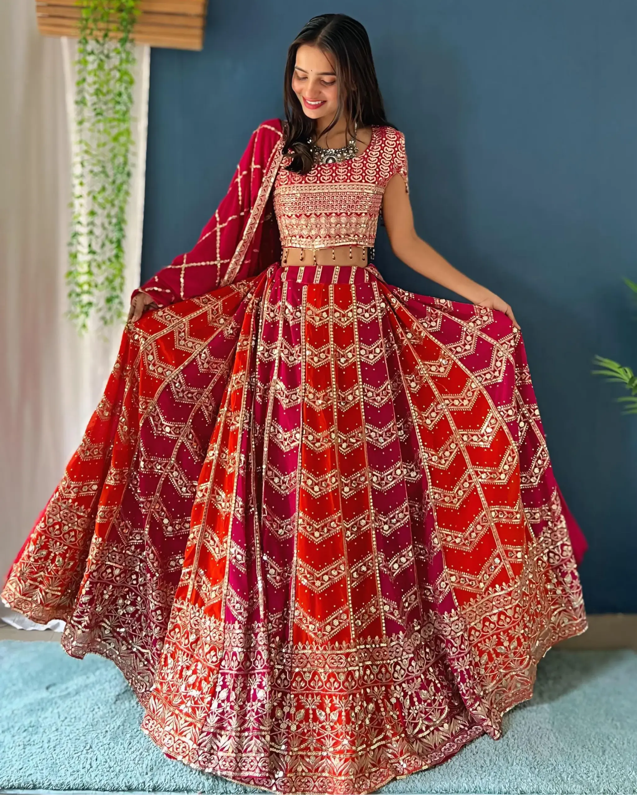 Red Faux Georgette Sequins Zari Embroidered Semi-Stitched Lehenga Choli