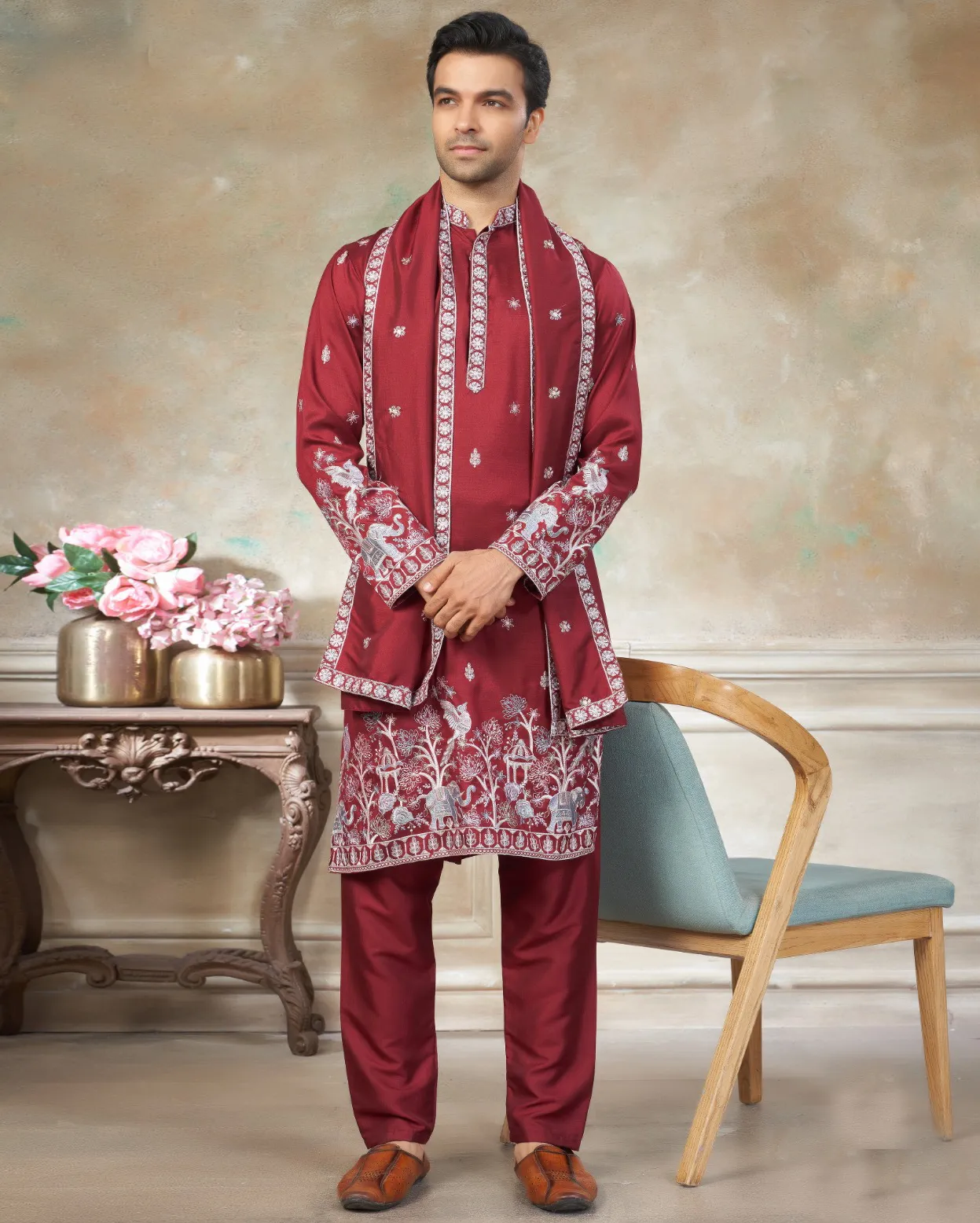 Red Pure Silk Embroidered Men’s Kurta Pajama Set With Silk Dupatta