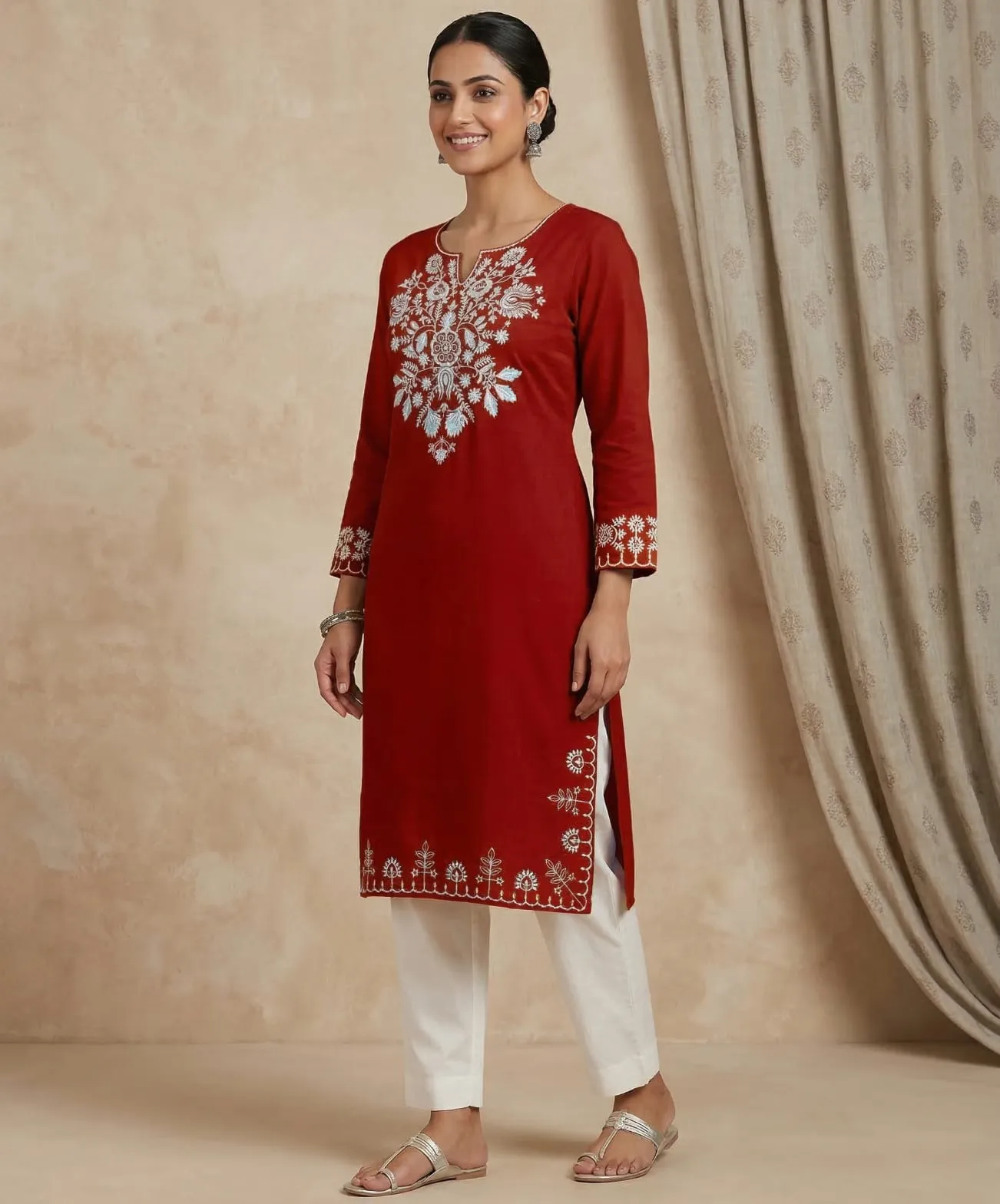 Red Rayon Thread Embroidered Festive Co-Ord Set