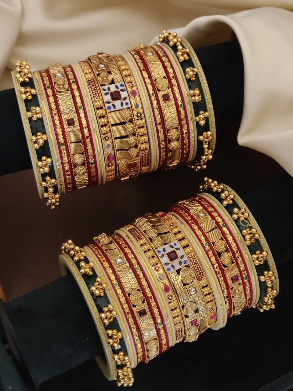 Royal Antique Green and Ruby Gold-Plated Bridal Bangle Set