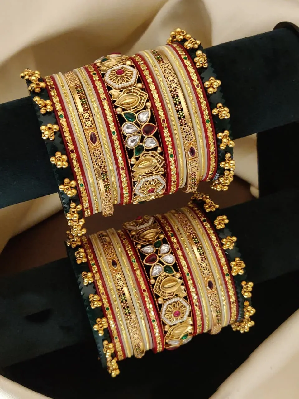 Royal Emerald Ruby Gold-Plated Bridal Kundan Work Bangle Set