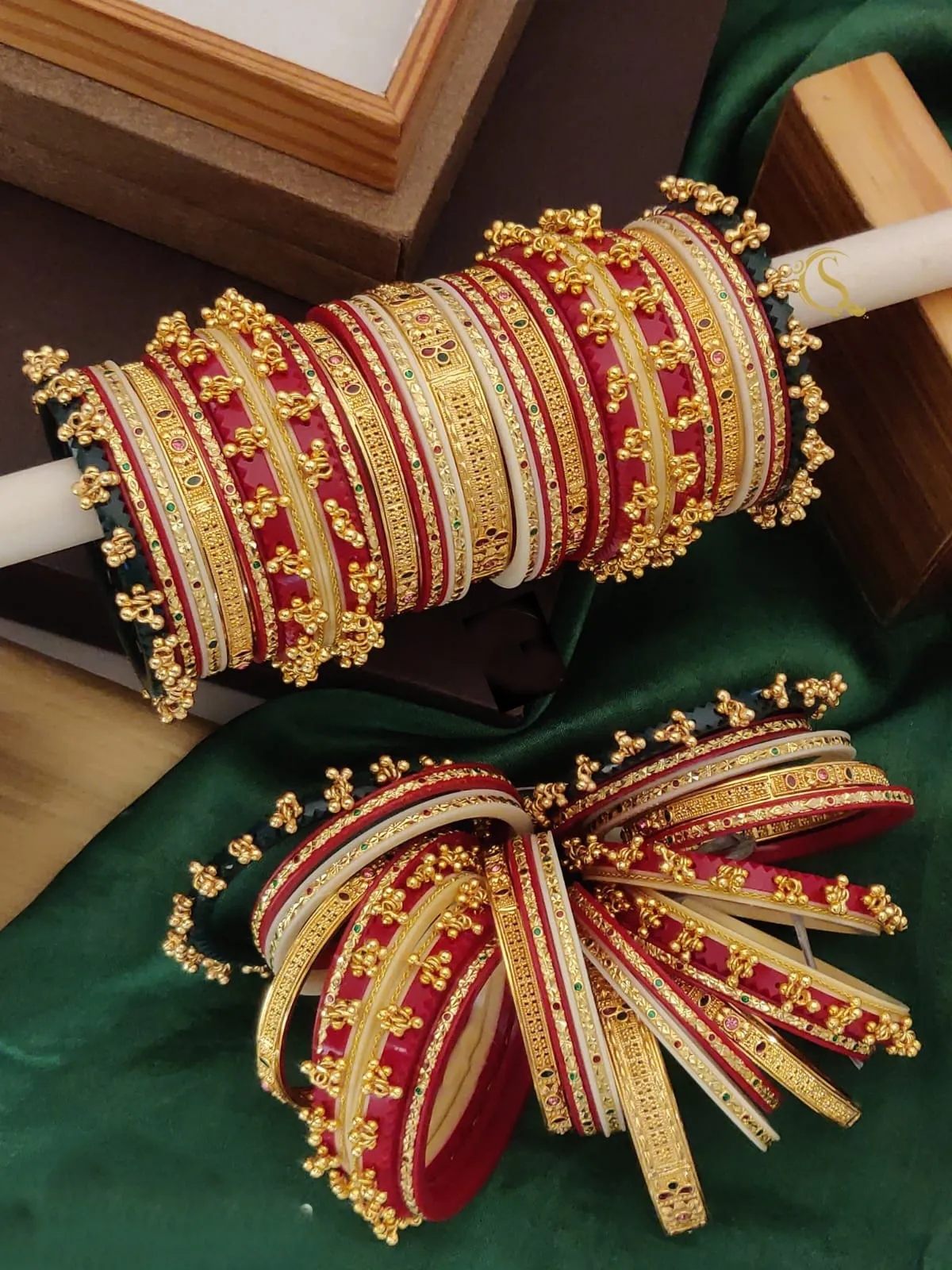 Royal Multi-Layered Ghungroo Red & Green Traditional Bangle Set