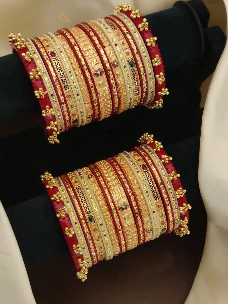 Ruby Red And Gold-Plated Bridal Floral Engravings Bangle Set