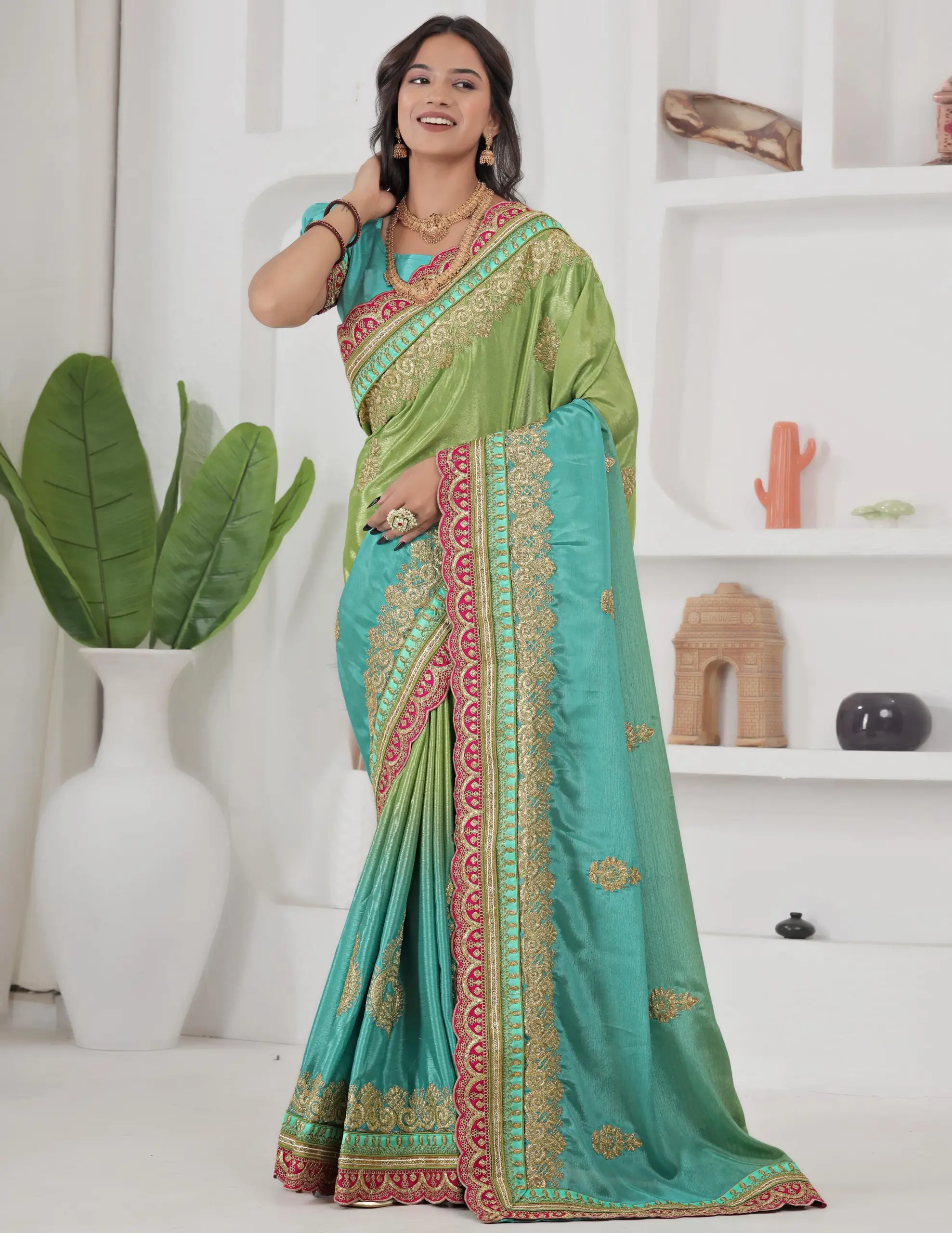Sea Green Chinon Silk Embroidered Codding Designer Saree
