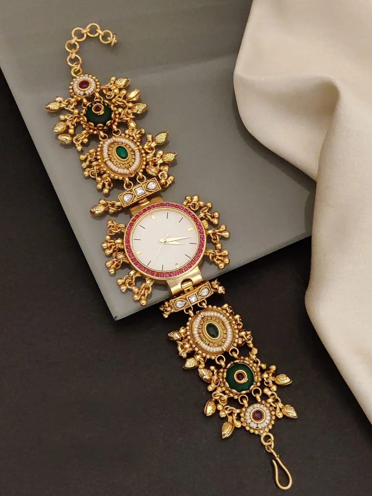 Traditional Gold-Plated Ethnic Bracelet Watch With Pearl & Stone Work