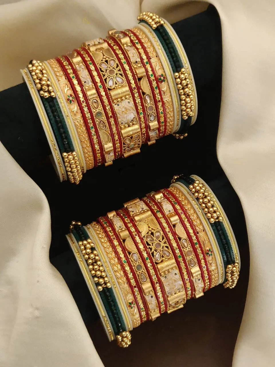 Traditional Green and Ruby Red Gold-Plated Bridal Bangle Set