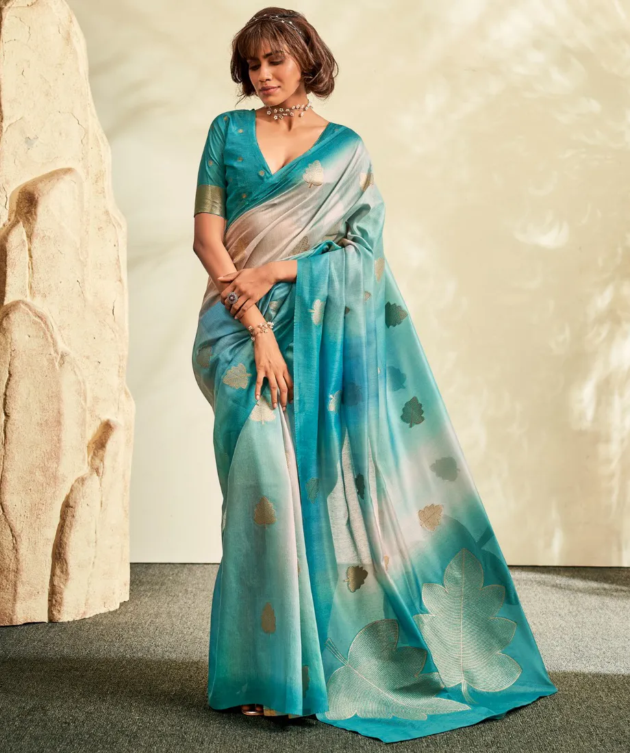 Turquoise Soft Handloom Silk Designer Butta Work Saree