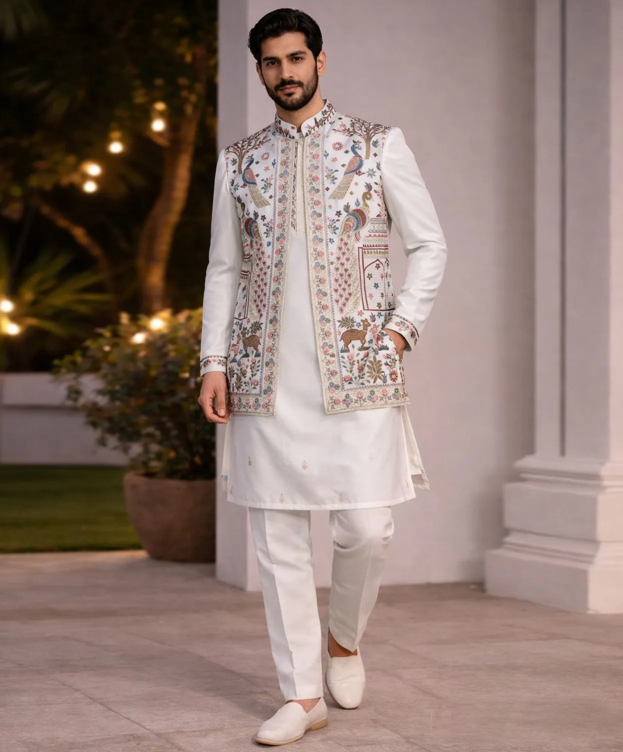 White Heavy Jacquard Jacket With Satin Silk Men Kurta Pajama Set