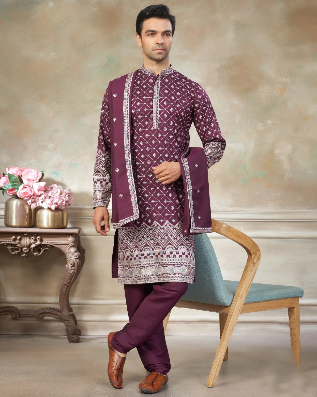 Wine Pure Silk Embroidered Men’s Kurta Pajama Set With Silk Dupatta
