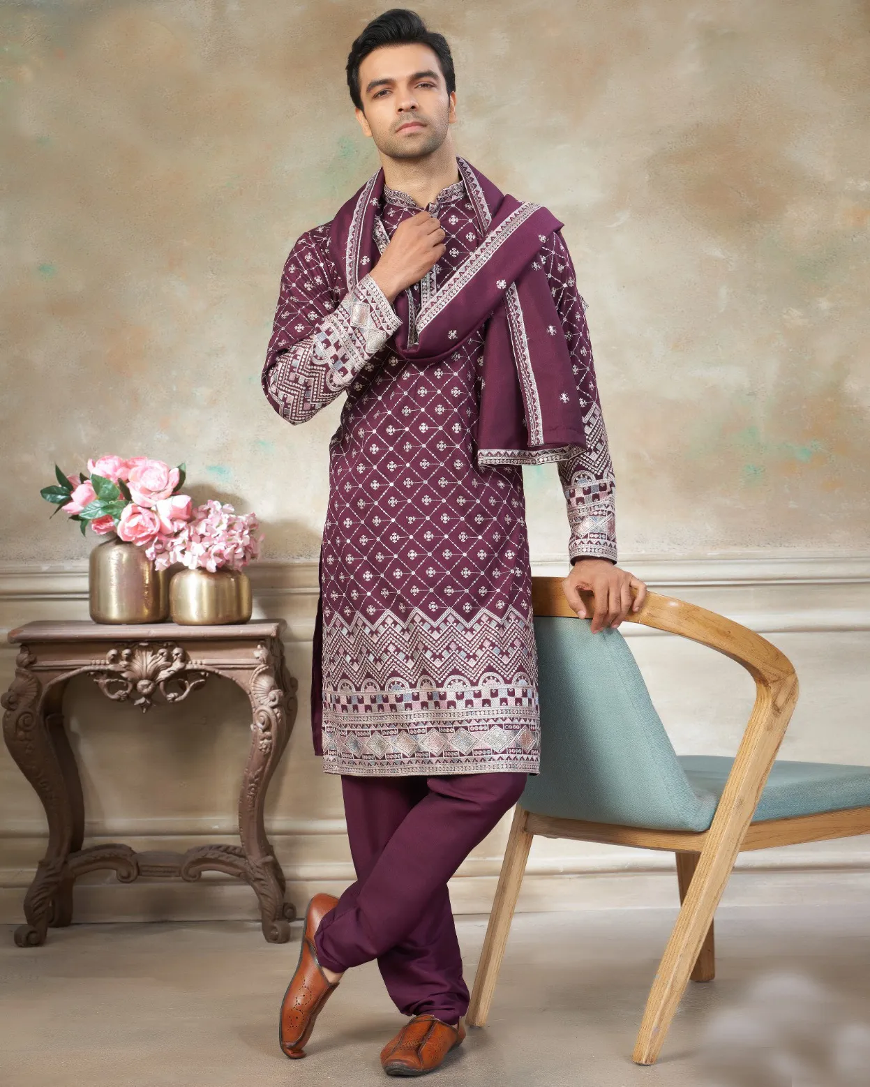 Wine Pure Silk Embroidered Men’s Kurta Pajama Set With Silk Dupatta - Image 2