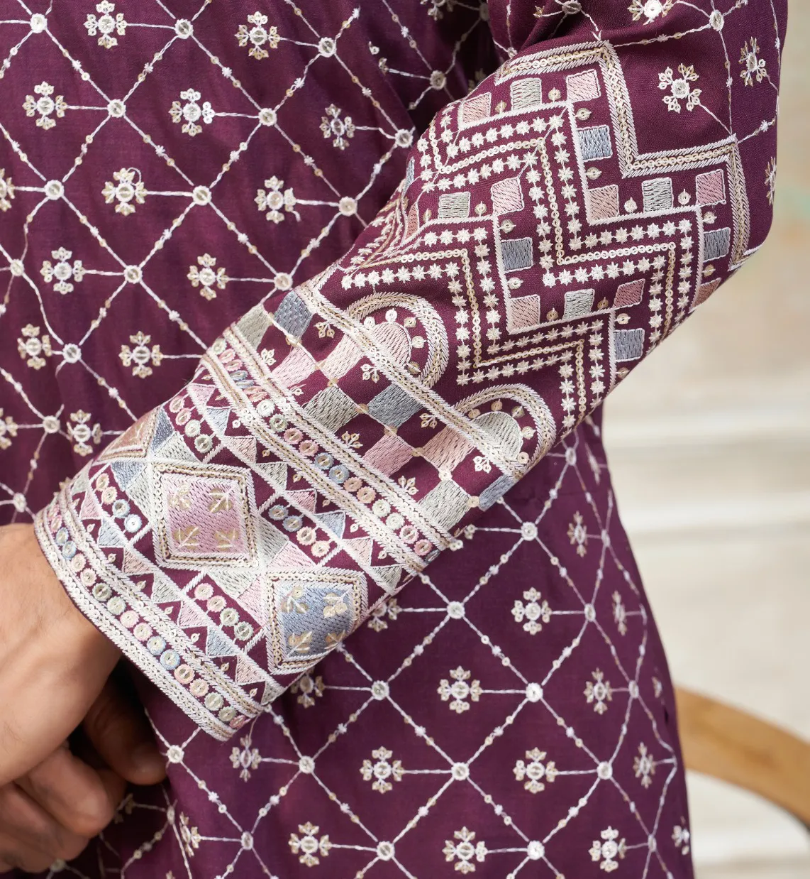 Wine Pure Silk Embroidered Men’s Kurta Pajama Set With Silk Dupatta - Image 3