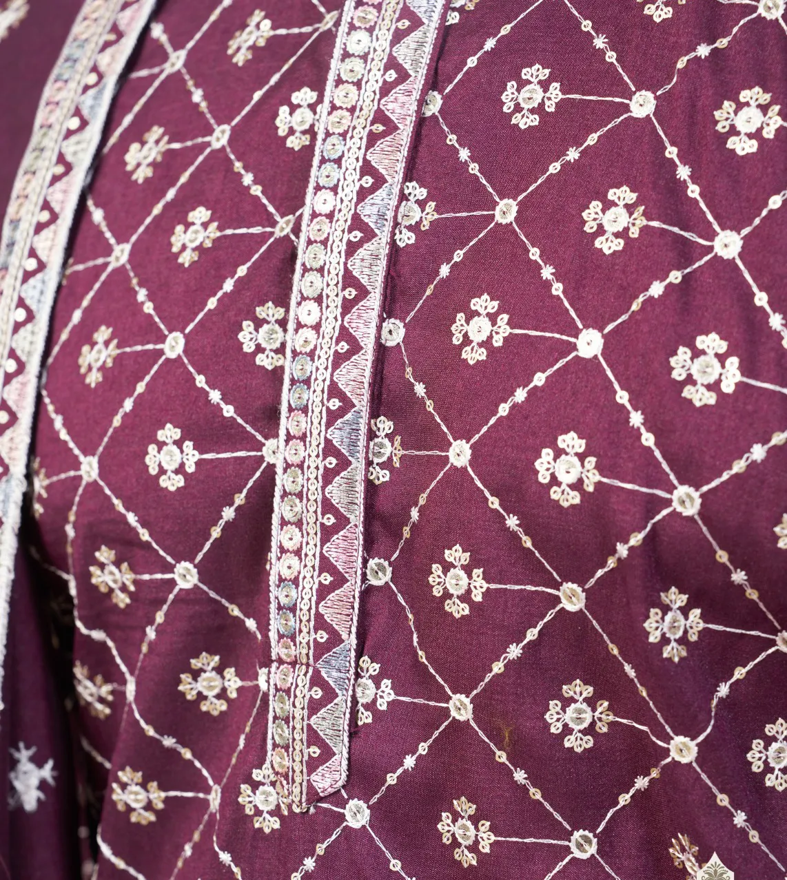 Wine Pure Silk Embroidered Men’s Kurta Pajama Set With Silk Dupatta - Image 4