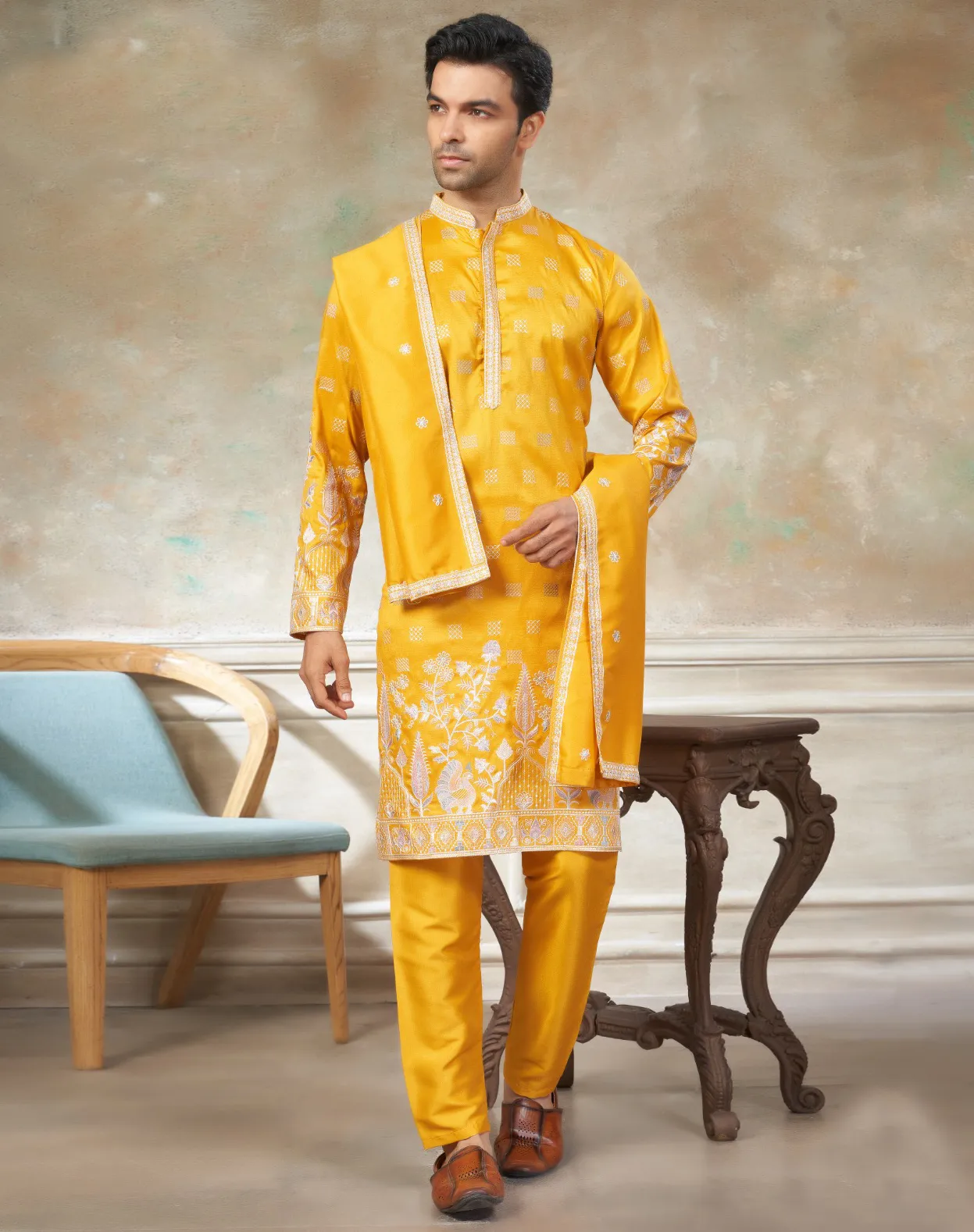 Yellow Pure Silk Embroidered Men’s Kurta Pajama Set With Silk Dupatta