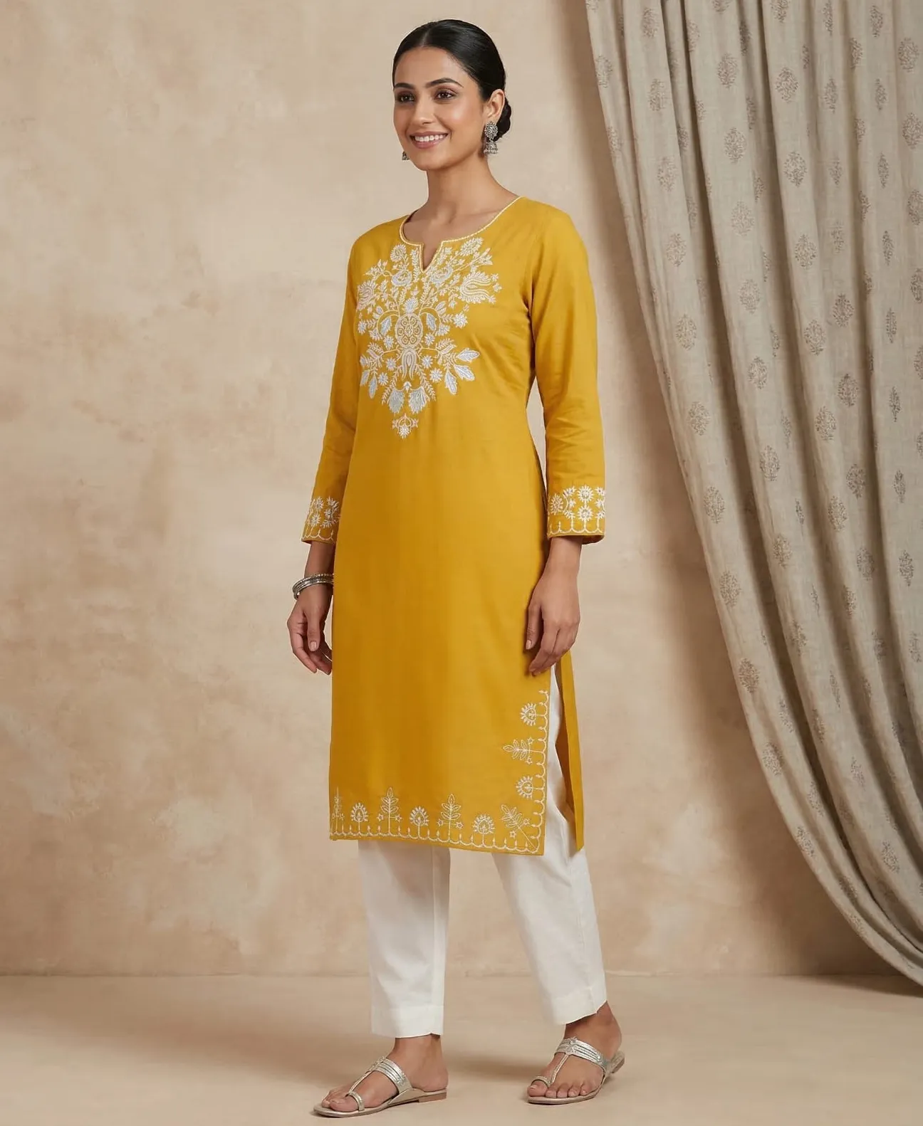 Yellow Rayon Thread Embroidered Festive Co-Ord Set