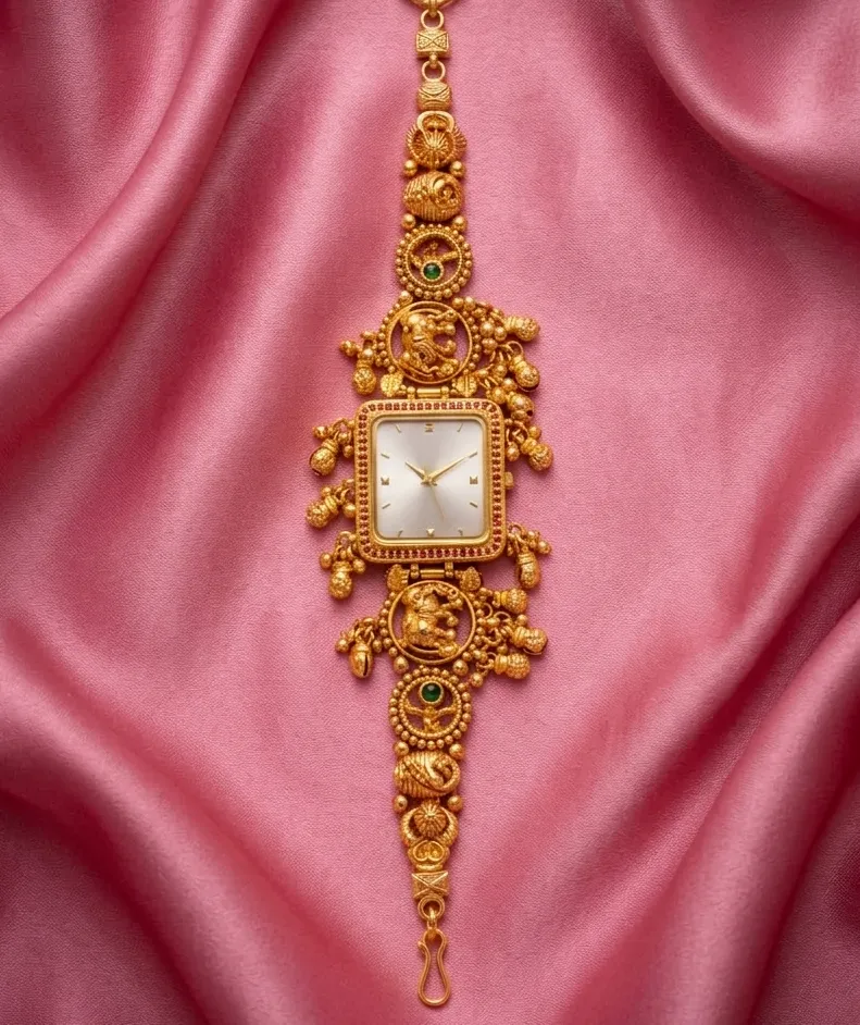 Antique Gold-Plated Elephant Motif Square Dial Bracelet Watch