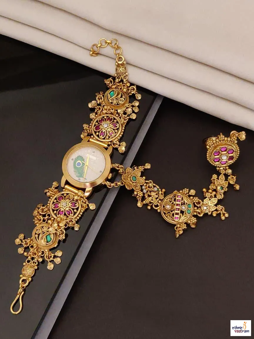 Antique Gold-Plated Peacock Dial Temple Bracelet Watch
