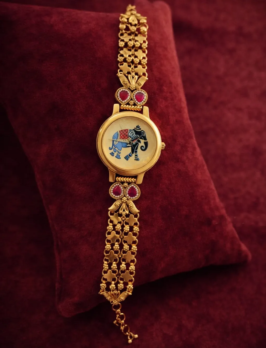 Antique Gold-Plated Rajasthani Elephant Meenakari Bracelet Watch