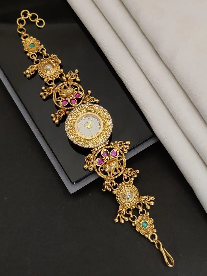 Antique Gold Temple Design Stone Work Bracelet Watch