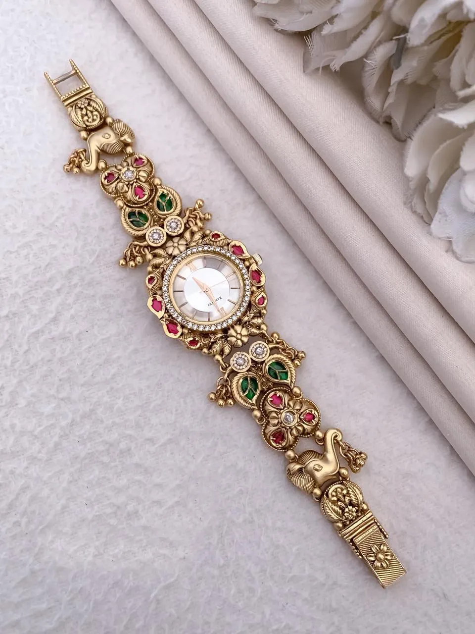 Antique Matte Gold-Plated Elephant & Floral Motif Ethnic Watch