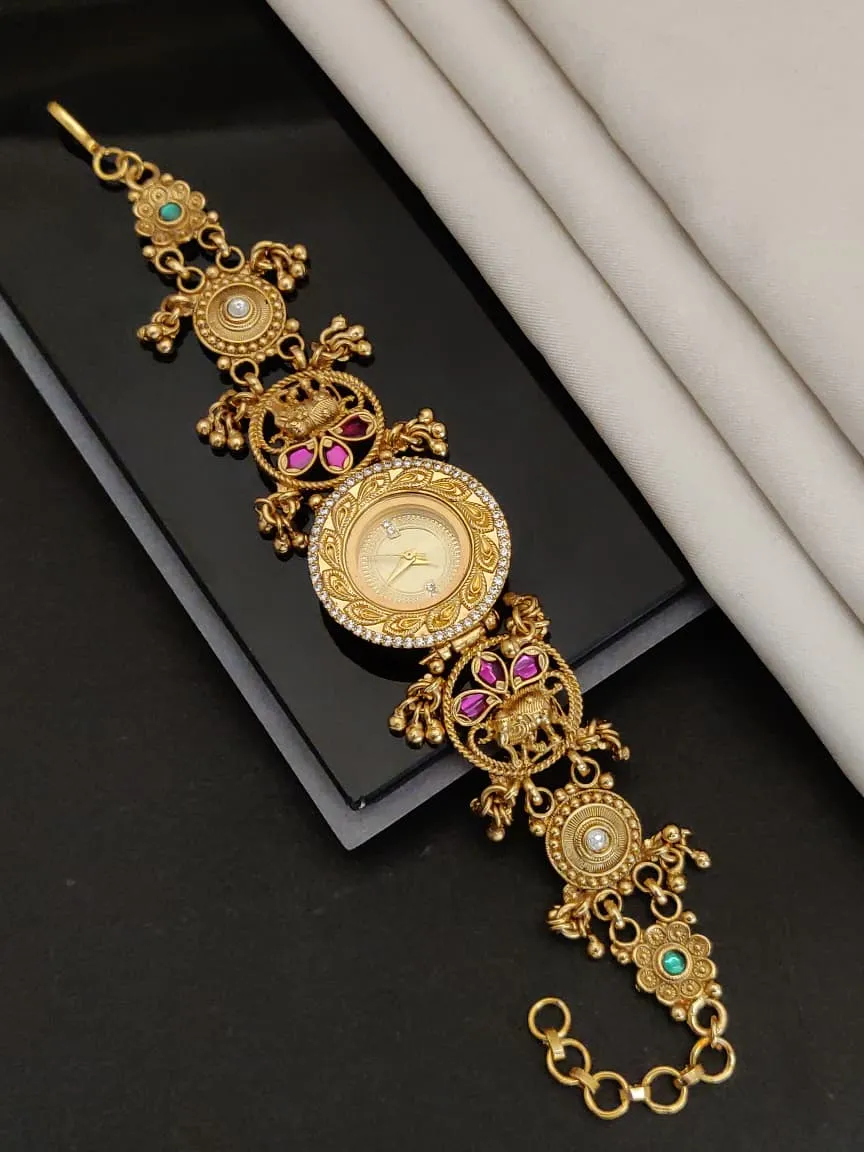 Antique Matte Gold-Plated Peacock Design Bridal Bracelet Watch