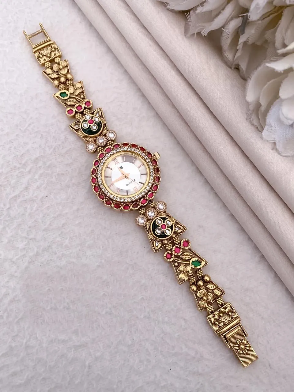 Antique Matte Ruby Borders Gold-Plated Bracelet Ethnic Watch