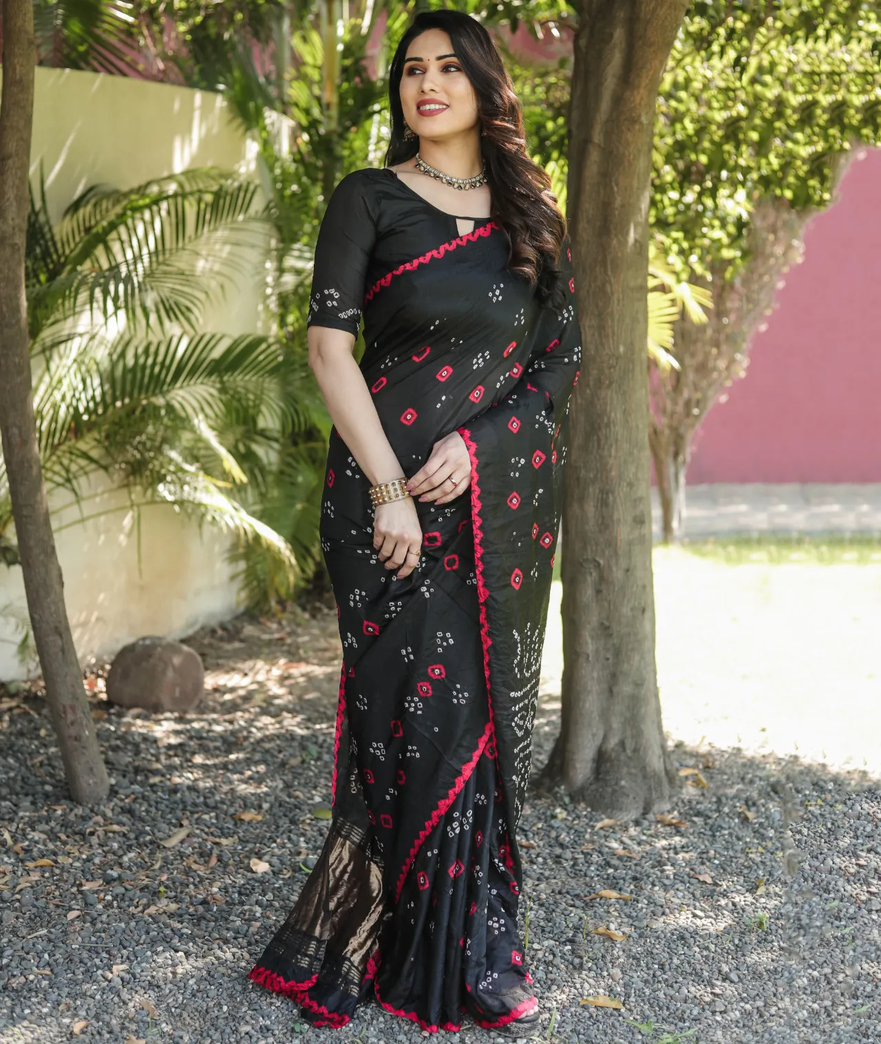 Black Pure Bandhej Silk Zari Weaving Border Work Saree