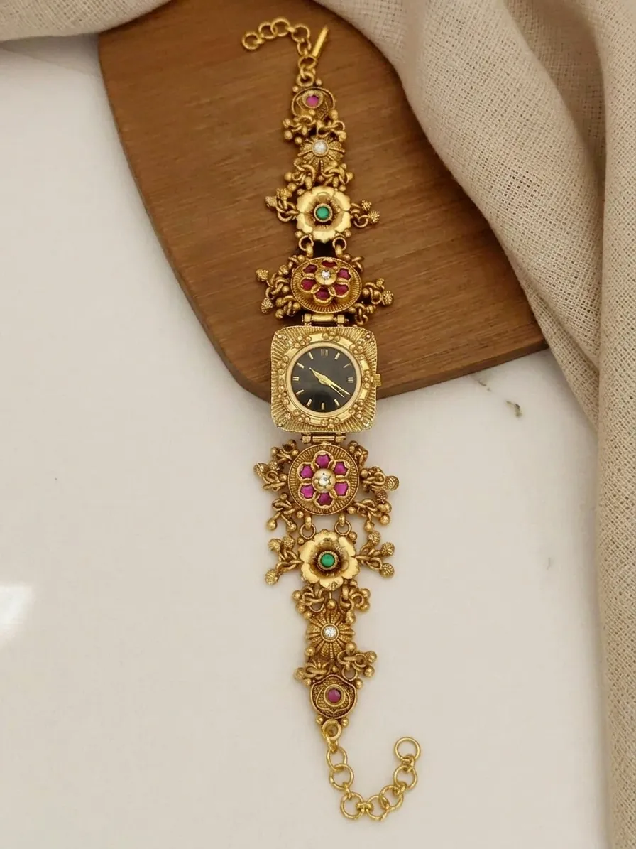 Black Square Dial Antique Gold-Plated Heritage Bracelet Watch