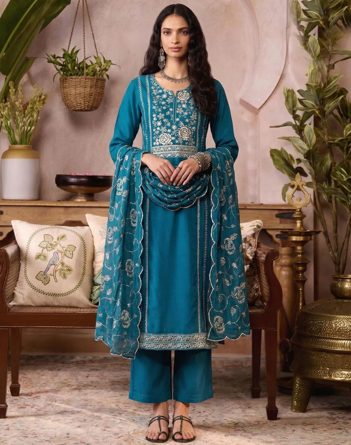 Blue Embroidered Organza Readymade Salwar Suit